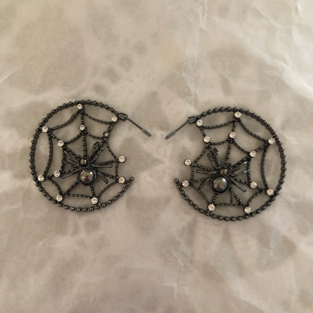 NWT Gunmetal Spider Web Hoop Earrings with Black Accent